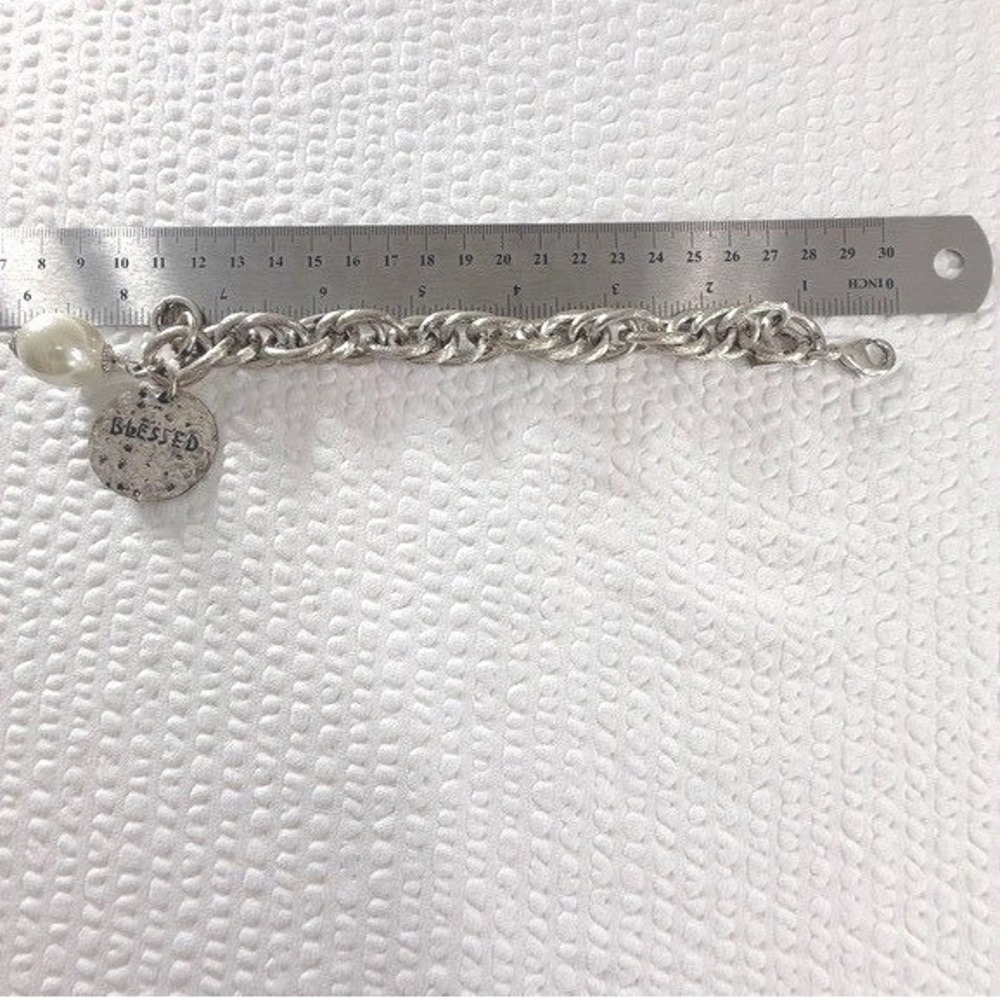 Atelier Charm Bracelet 8 Inch Silver Tone Blessed Disc Faux Pearl Jewelry - Picture 8 of 8
